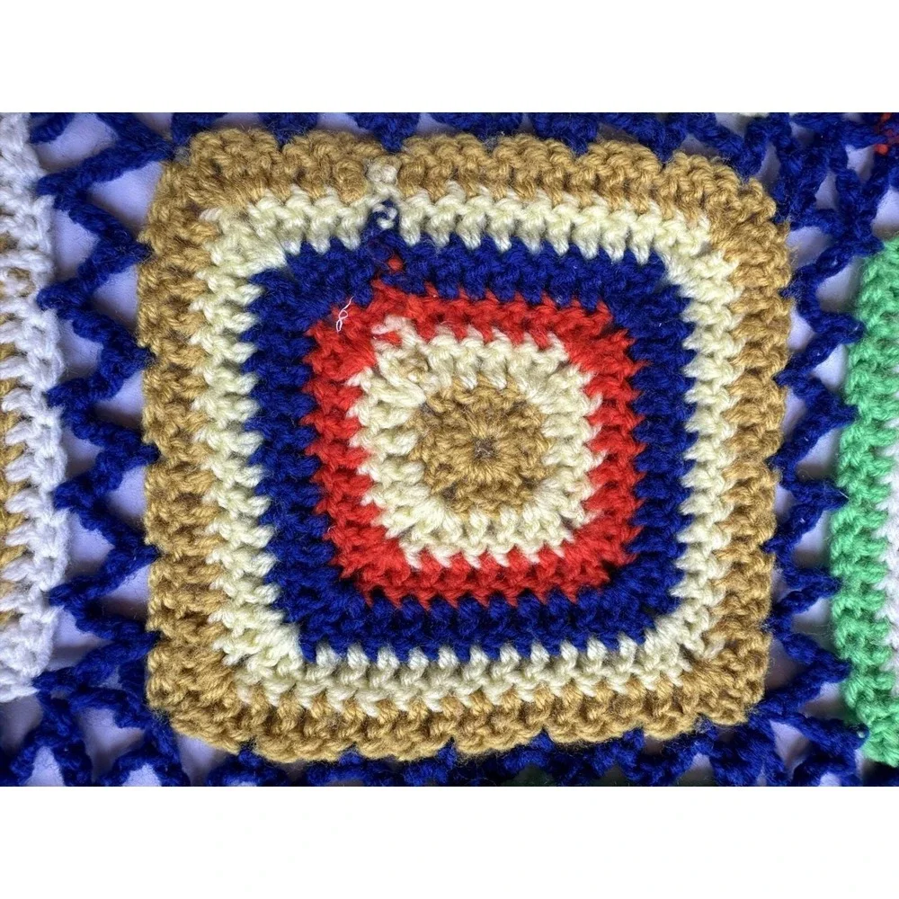 Vtg Squares Crochet Afghan 70's Granny Blanket Multicolor 43